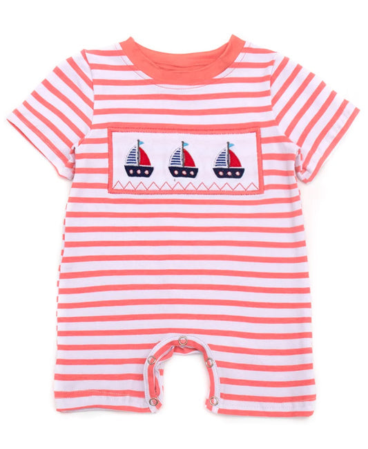 Coral Striped Sailboat Onesie